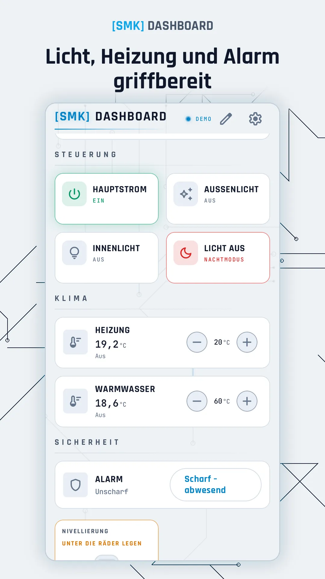 Licht, Heizung und Alarm griffbereit