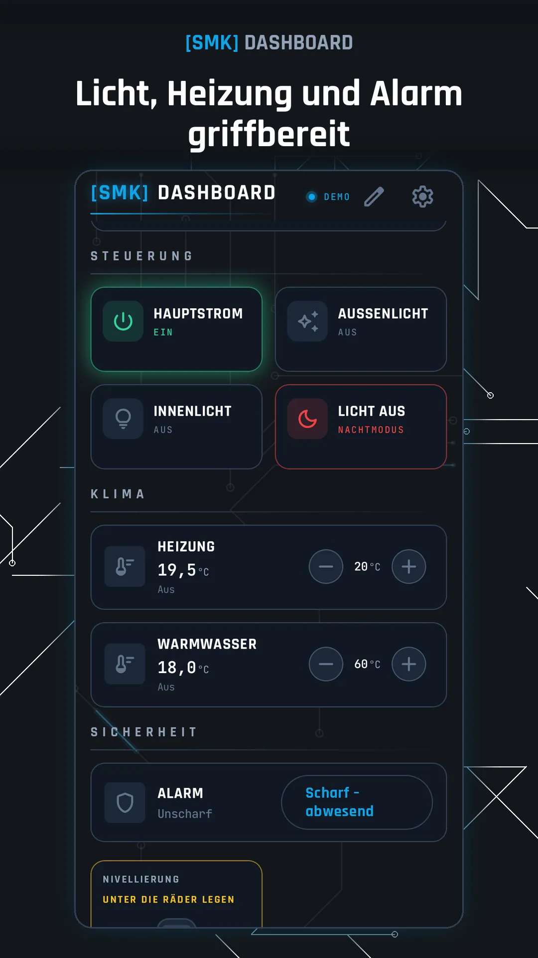Licht, Heizung und Alarm griffbereit