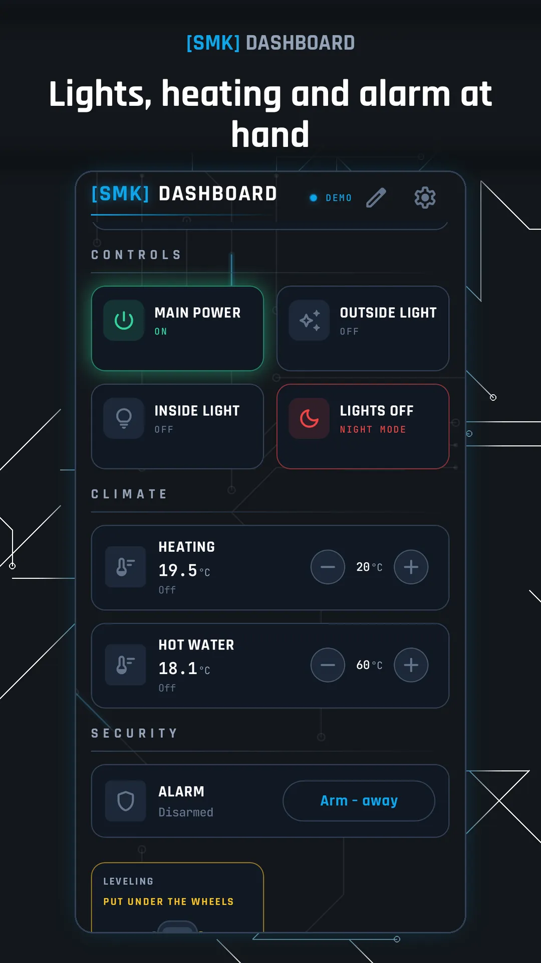 Lights, heating and alarm at hand