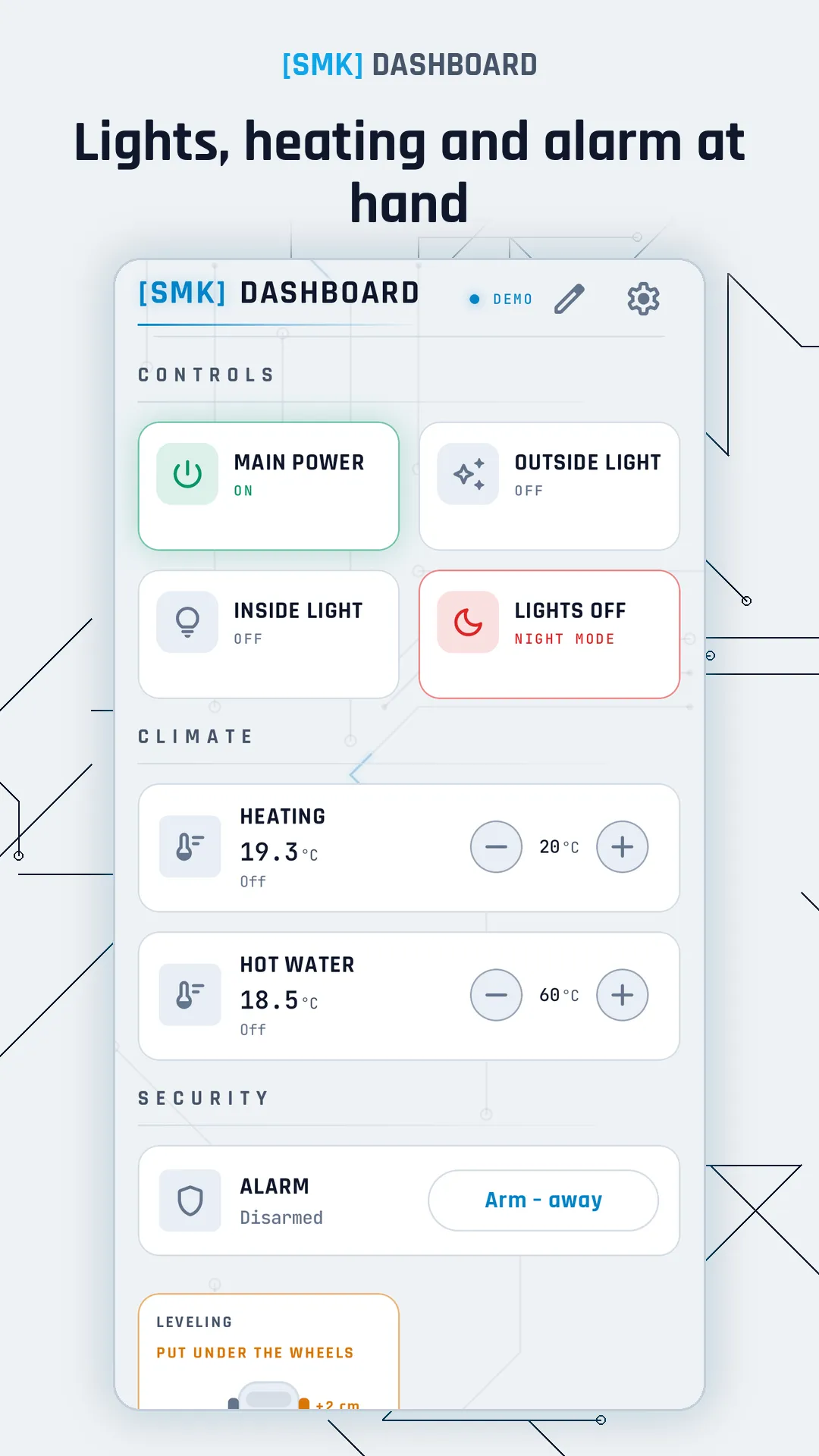 Lights, heating and alarm at hand